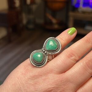 Native American Signed Chunky Turquoise Two Stone Chunky Sterling Silver Ring
